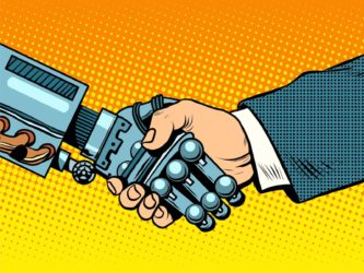 Ein Mensch und ein Roboter reichen sich die Hand.