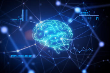 Künstliche Intelligenz als Gehirn, das über Linien mit Technologien verbunden ist